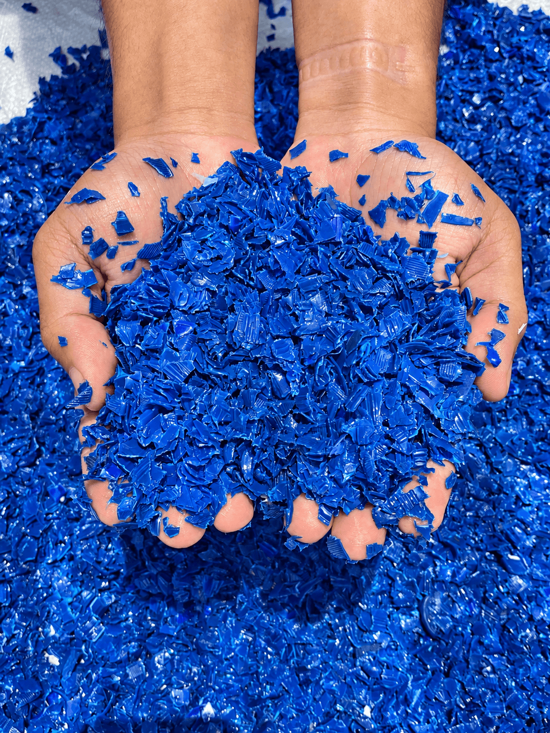 Serpihan plastik biru sebagai bahan pembuatan piala